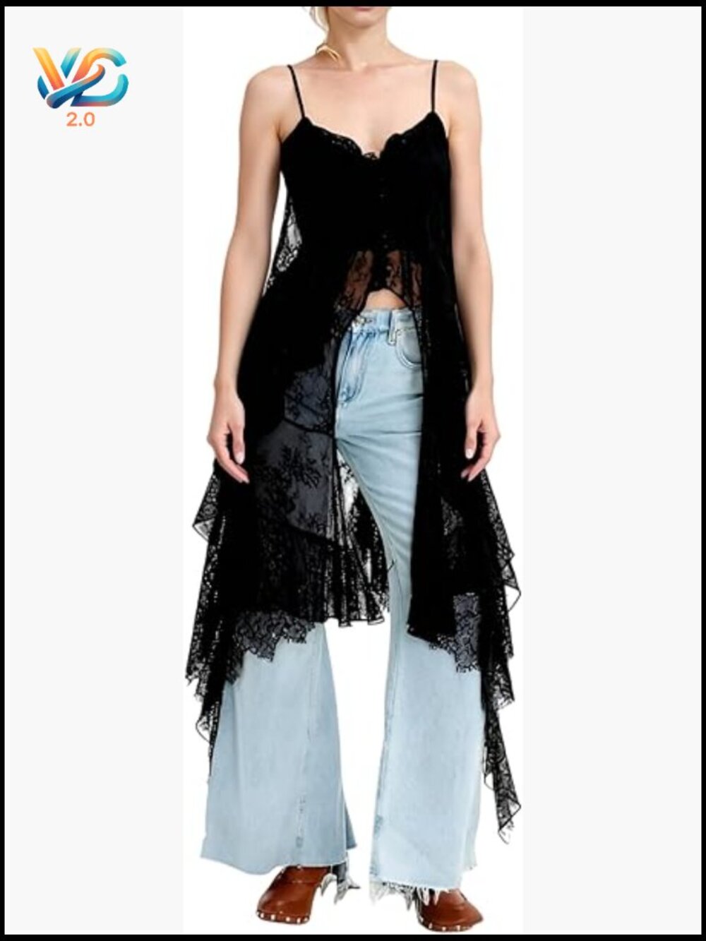 Boho Lace Flowy Tank Top Spaghetti Strap Sheer Layering Cami High Low Ruffle